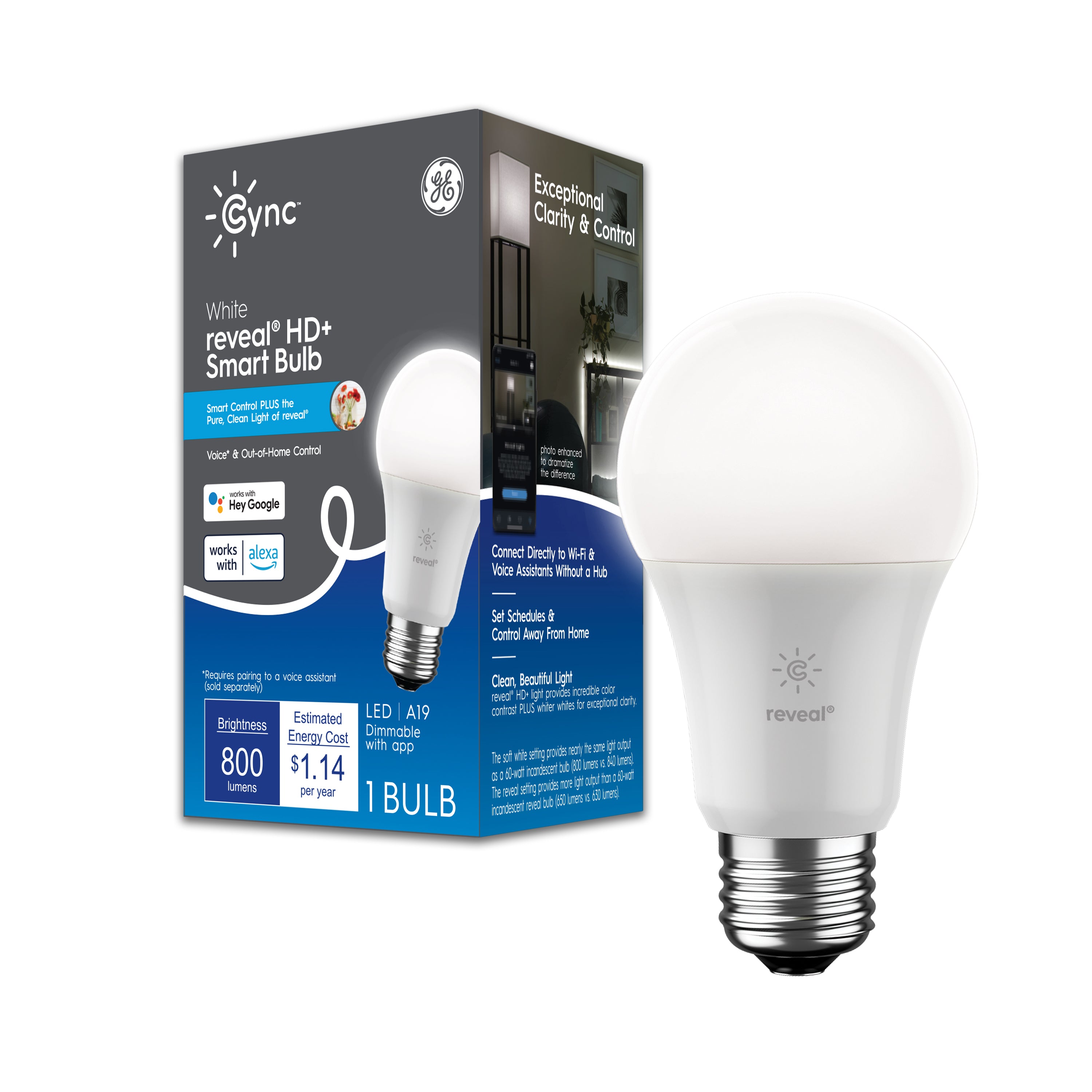 GE Cync White reveal® General Purpose A19 60W Replacement Smart LED Bulbs